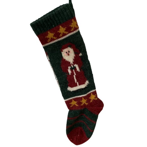 Vtg Handmade Knit Christmas Stocking Green and Red Santa and Stars 19.5 inch - Picture 2 of 6